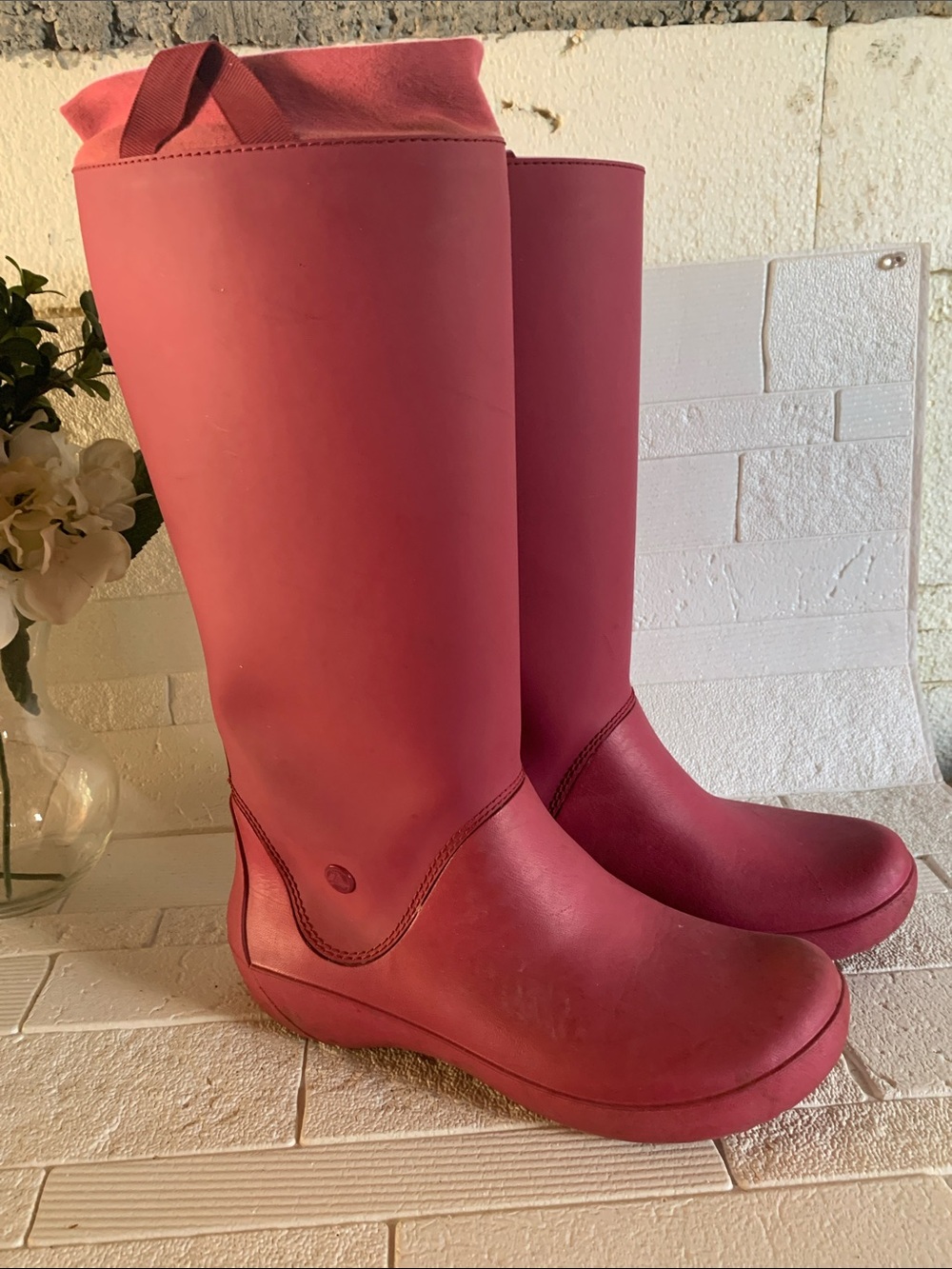 CROCS Women's Tall Rainfloe Waterproof Rain Boots in Rose Pink